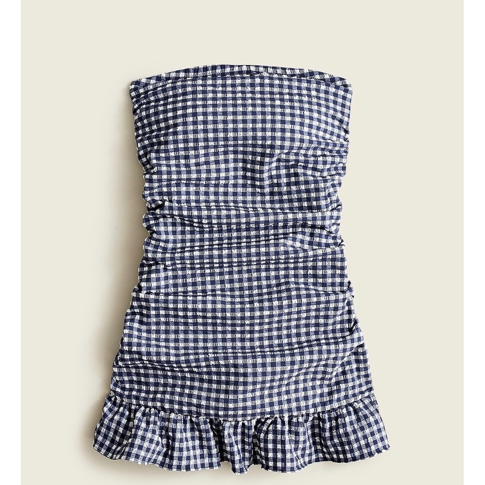 J.Crew Ruched bandeau swim dress in puckered gingham navy blue sz 8